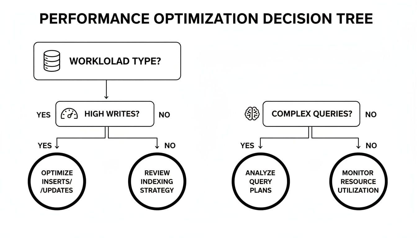 A performance optimization decision tree guiding through workload types, high writes, and complex queries.