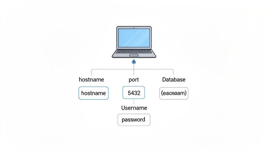 A laptop connects to a database, showing hostname, port 5432, database name, username, and password.