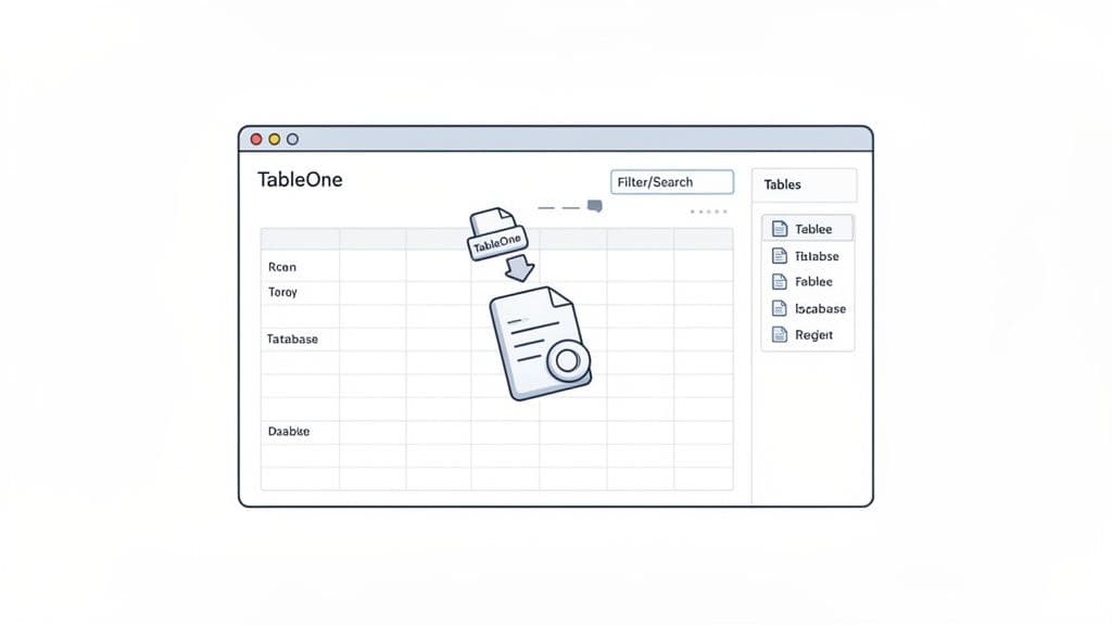 A database management interface showing TableOne with data rows, filter, and table list, illustrating data import.