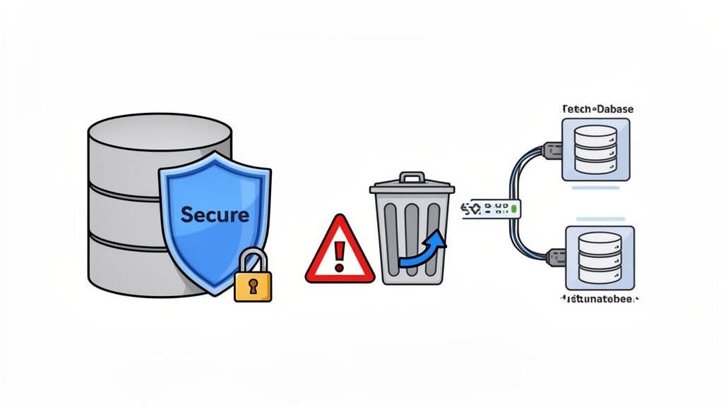 An illustration showing a secure database with a shield and padlock, a warning sign, and a trash bin with a recovery arrow connecting to multiple databases.