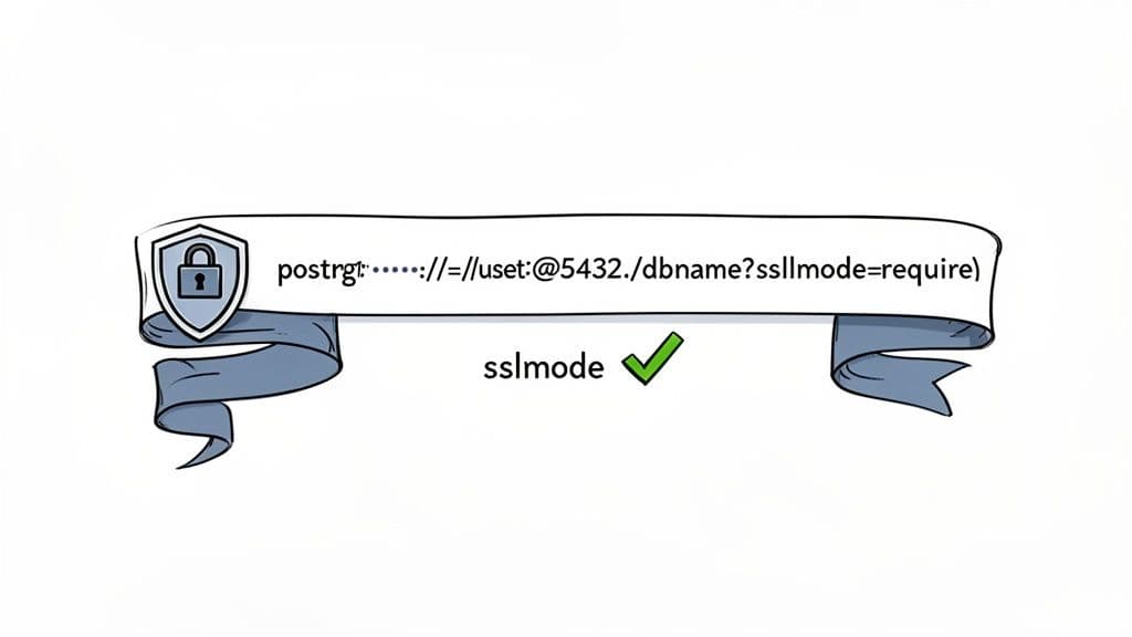A banner displaying a PostgreSQL connection string with sslmode=require and a padlock icon, emphasizing secure SSL mode.