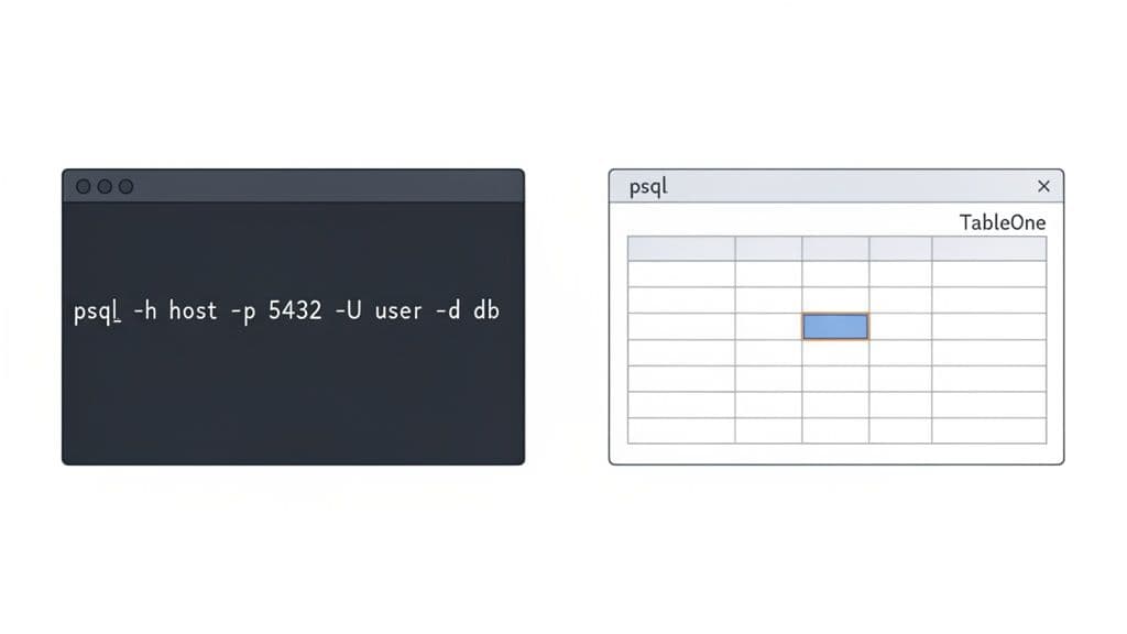 A terminal window displays a psql command to connect to a PostgreSQL database, alongside a spreadsheet-like table interface.