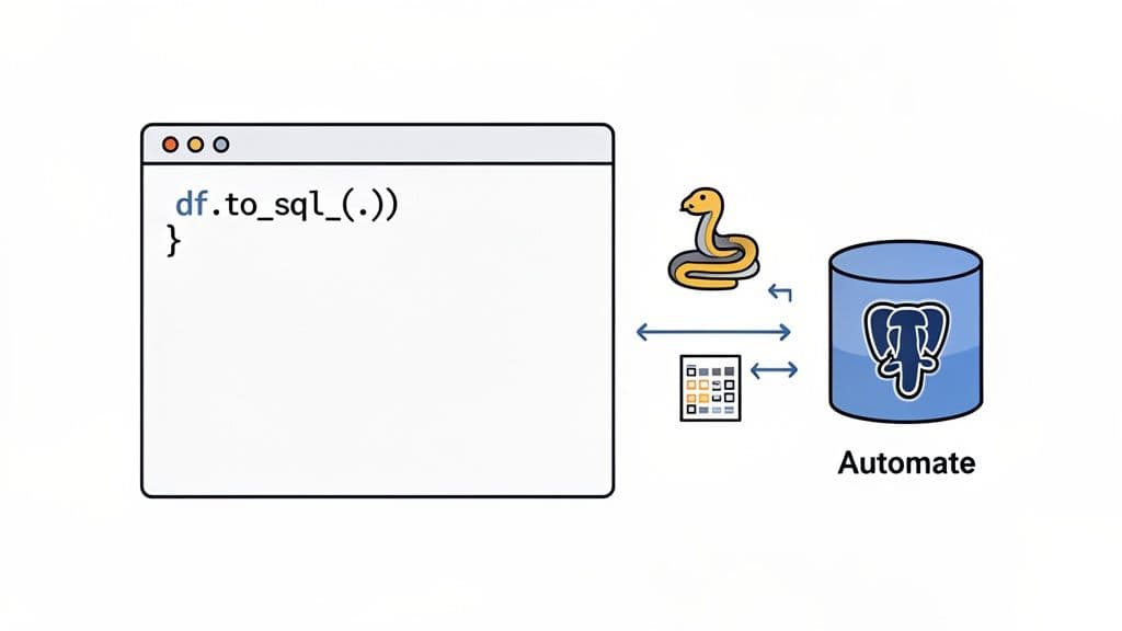 Diagram showing Python code with 'df.to_sql' and data tables interacting with a PostgreSQL database for automation.