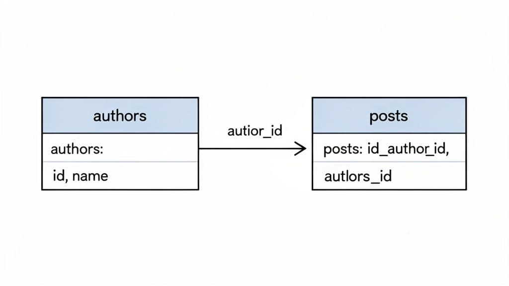 A database schema showing two tables: authors and posts, linked by an author ID foreign key.