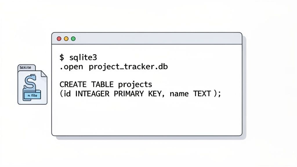 A terminal window shows SQLite commands for creating a 'projects' table in a 'project_tracker.db' database.