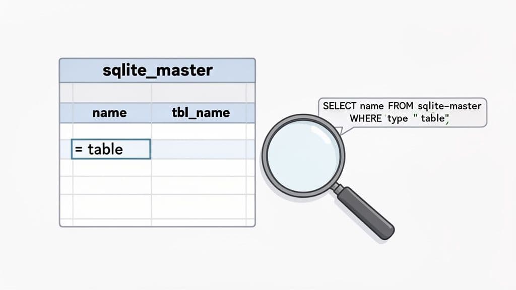 A diagram illustrates how to query the sqlite_master table to list all tables in SQLite.