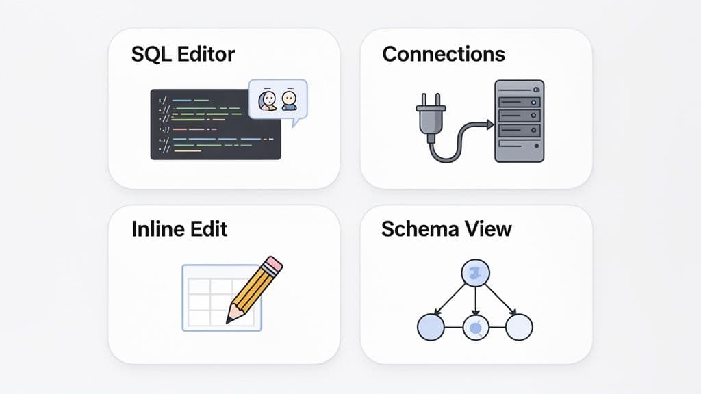 Four cards illustrating key features of a database management tool, including SQL editor and schema view.