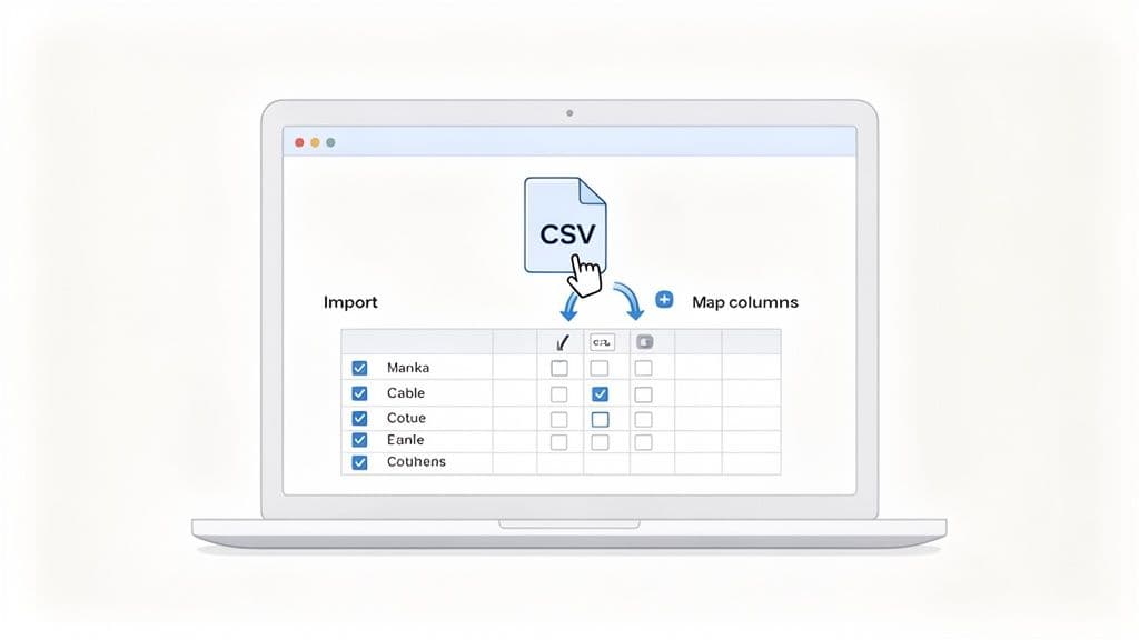 A laptop displays an interface for importing CSV data and mapping columns in a table.