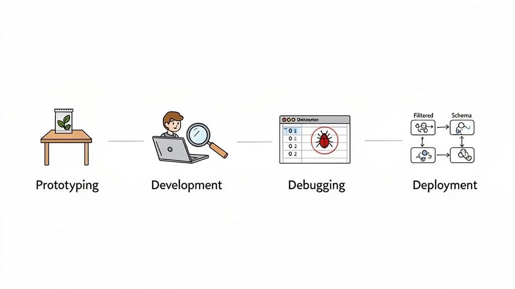 A visual representation of a software development lifecycle with four stages: prototyping, development, debugging, and deployment.