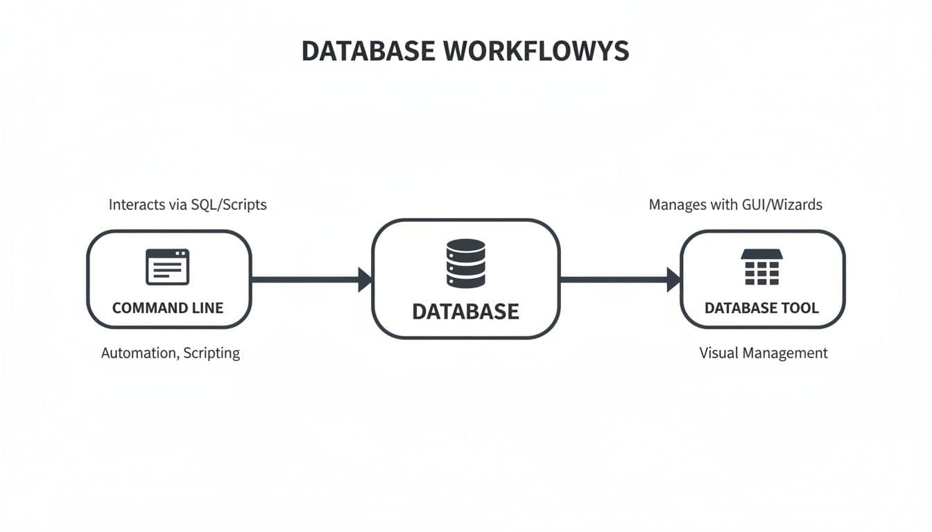 Diagram illustrating database workflows: command line interacts with database, which is managed by a database tool.