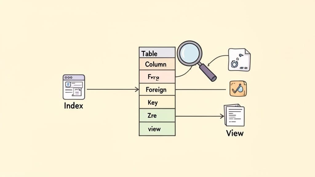 Diagram showing an Index linking to a list of database elements: Table, Column, Foreign, Key, and View.
