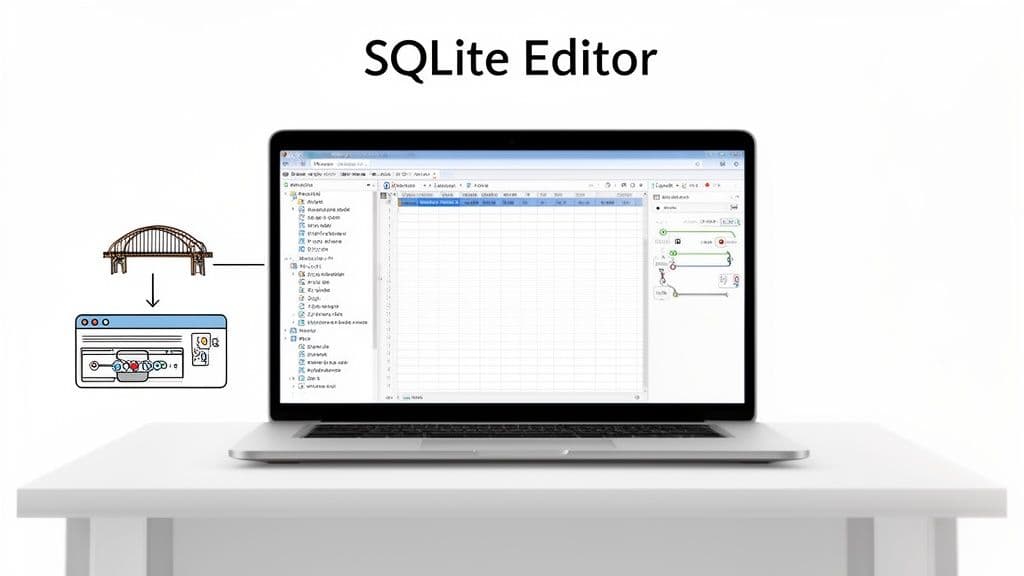 A laptop displaying a SQLite editor interface, illustrating data flow from a bridge icon to the editor.