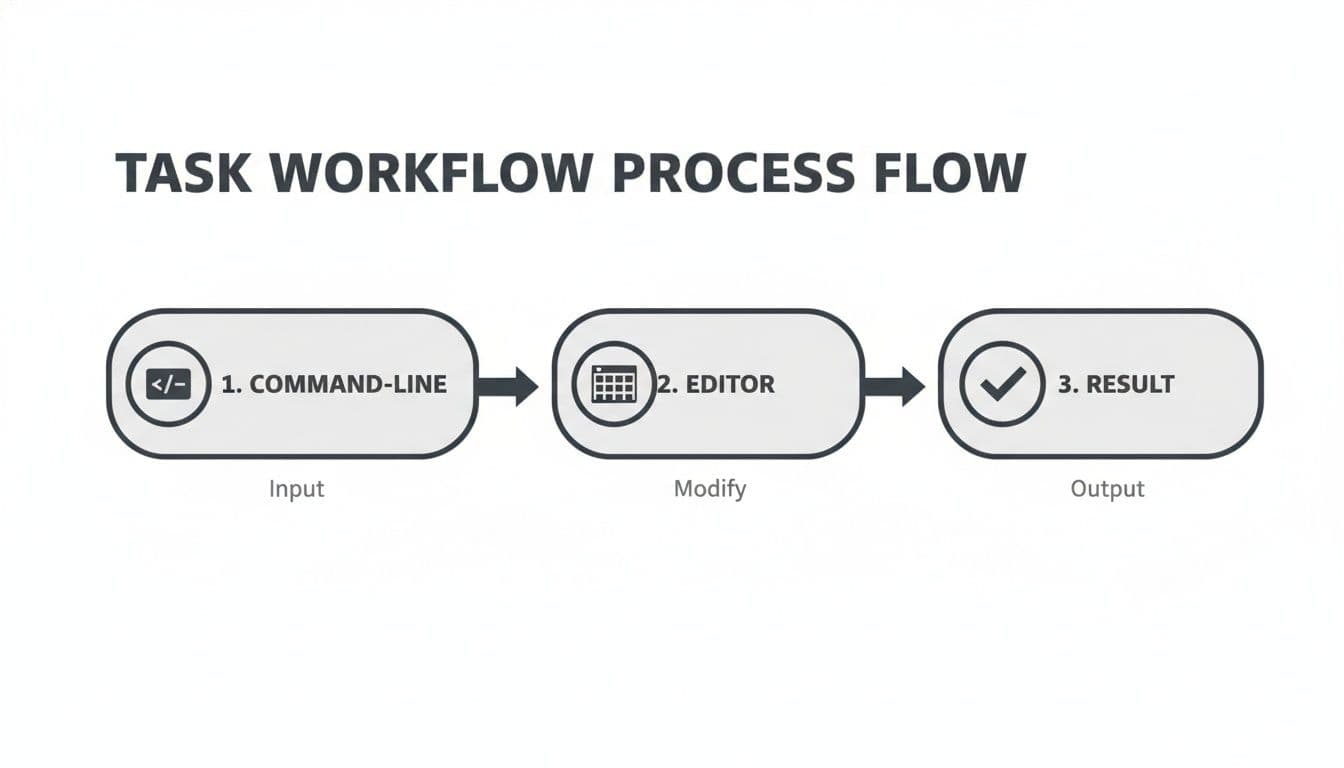 A three-step task workflow process showing command-line input, editor modification, and final result output.