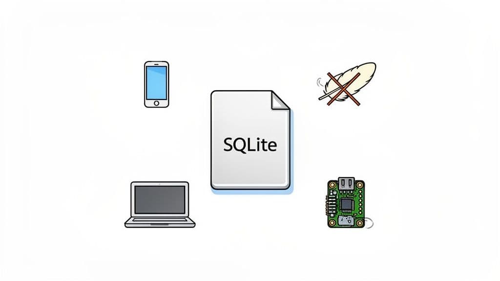 Diagram showing a SQLite database file, a smartphone, laptop, embedded board, and an icon representing no heavy server.