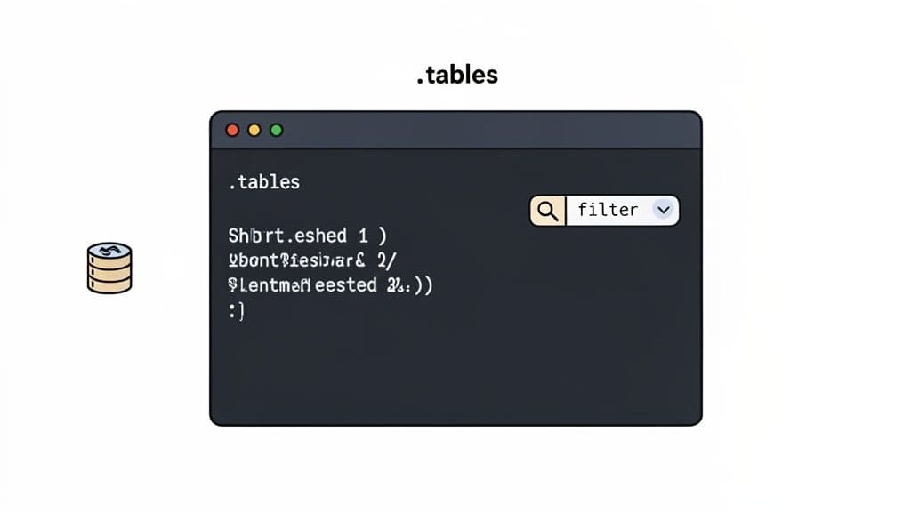 A dark terminal window showing a list of database tables with a search filter, next to a database icon.