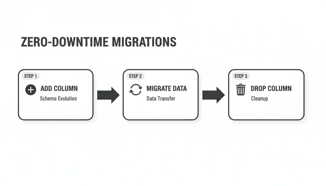 A diagram illustrates a three-step process for zero-downtime database migrations: add column, migrate data, and drop column.