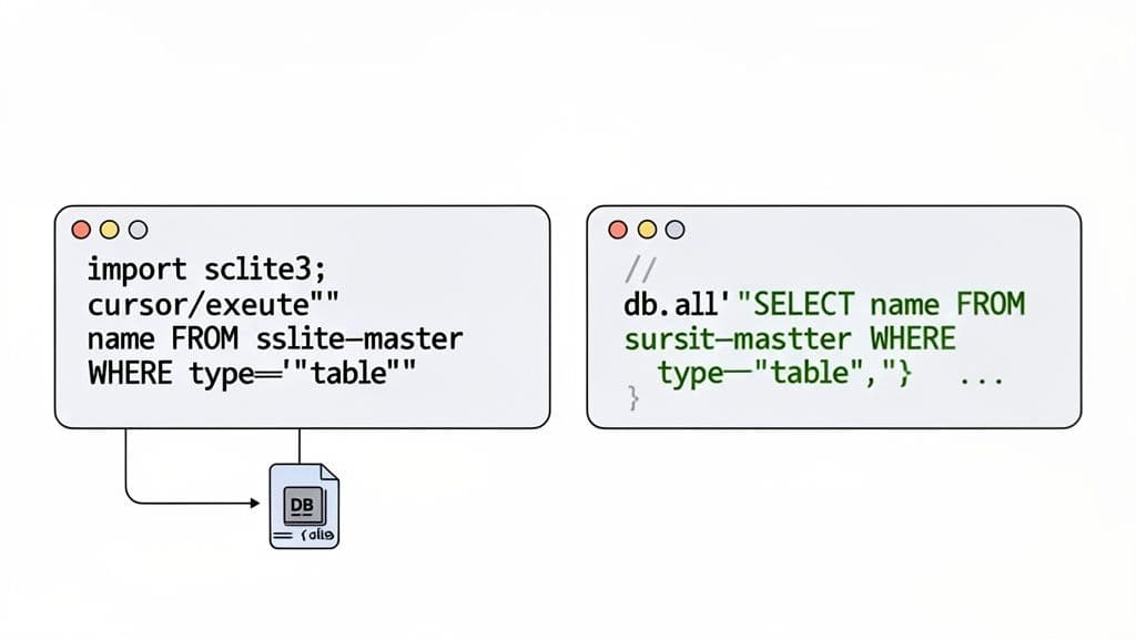 Two code snippets illustrate different programming methods for querying and listing tables within a SQLite database.