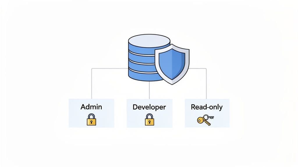 An illustration of database security with Admin, Developer, and Read-only roles showing different access permissions.