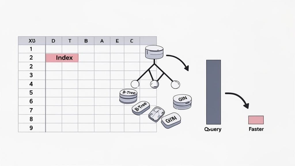 Diagram illustrating how database indexing (B-Tree, GIN) optimizes SQL query performance, making it faster.