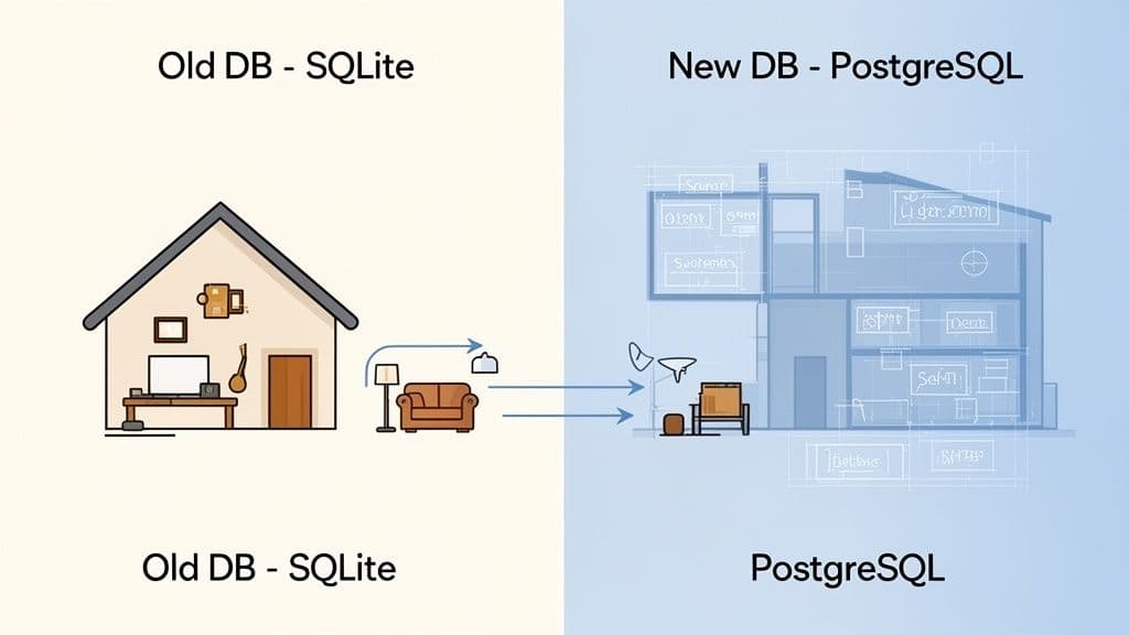 An illustration depicting the migration of a database from SQLite (simple house) to PostgreSQL (detailed blueprint).