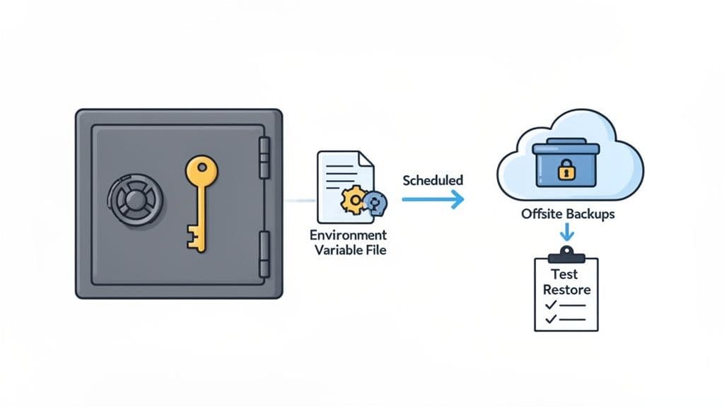 Diagram illustrating environment variable files secured in a safe, scheduled for offsite backups and tested for restore.