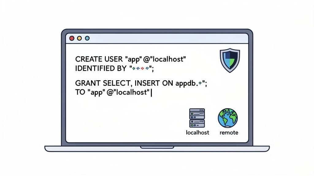 A laptop screen displaying SQL commands for creating a database user and granting permissions.