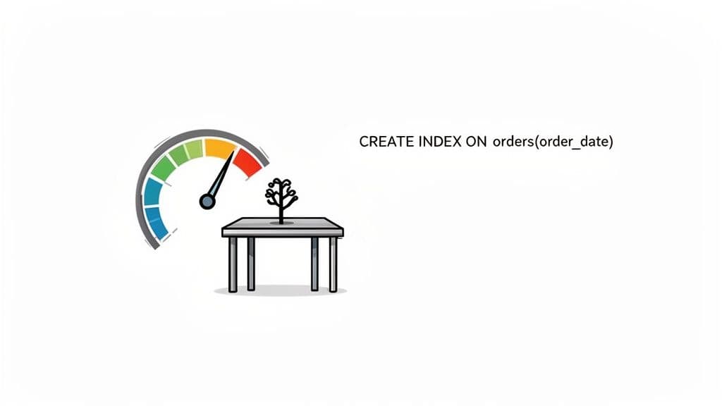 Database performance gauge in green next to a table with a tree and a SQL CREATE INDEX statement.