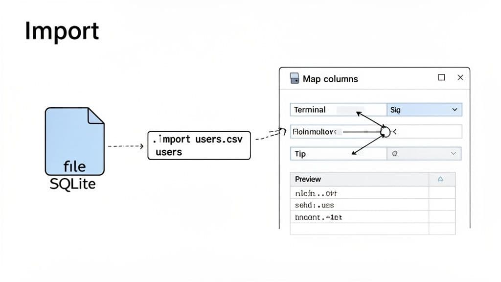 Diagram illustrating the process of importing a CSV file into a SQLite database, showing column mapping.