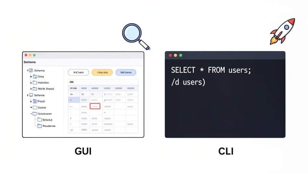 Comparison of a graphical user interface (GUI) with tables against a command line interface (CLI) with SQL commands.
