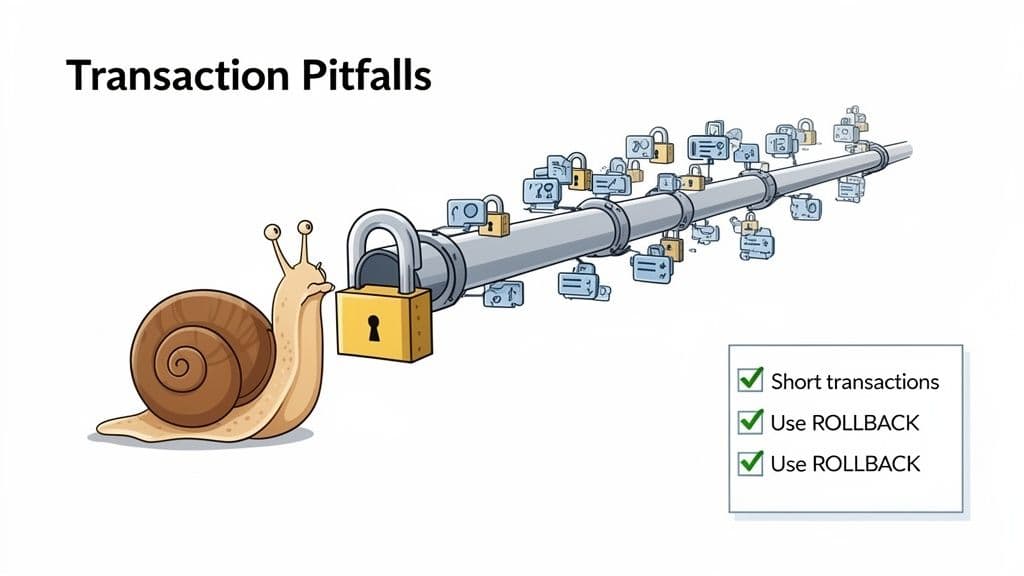 Cartoon snail struggling with a large padlock on a pipe full of locks, illustrating database transaction pitfalls.