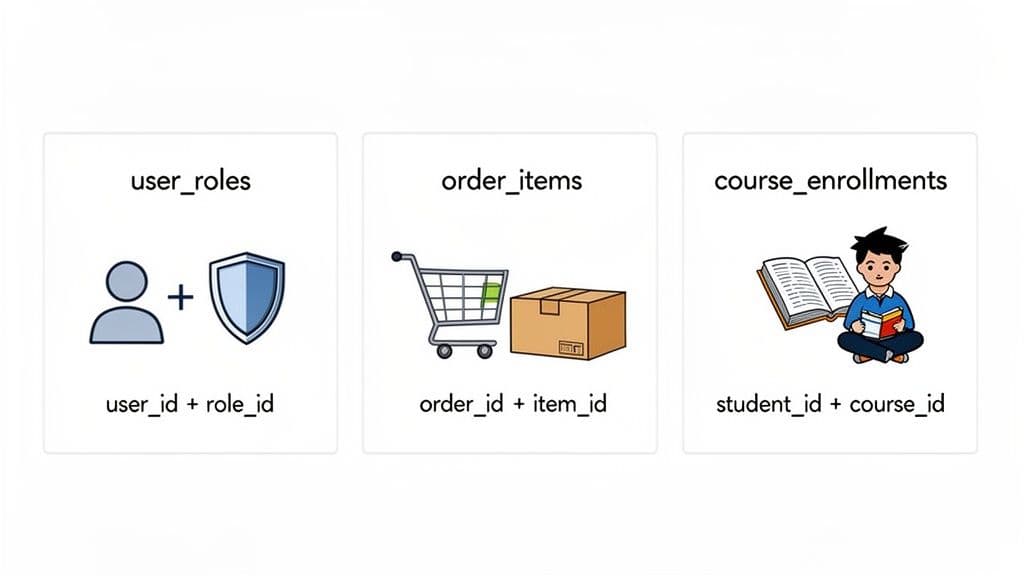 Three cards illustrate examples of composite primary keys in database tables: user roles, order items, and course enrollments.
