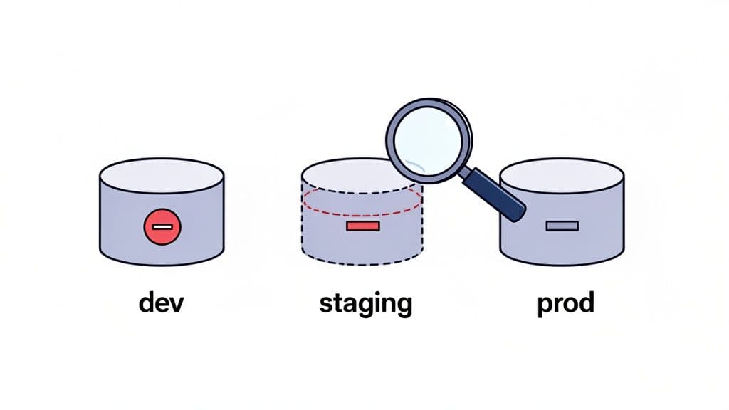 An illustration of dev, staging, and prod database environments with schema changes highlighted and inspected.