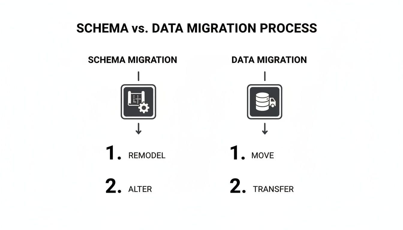 Diagram comparing schema migration (remodel, alter) with data migration (move, transfer) processes.