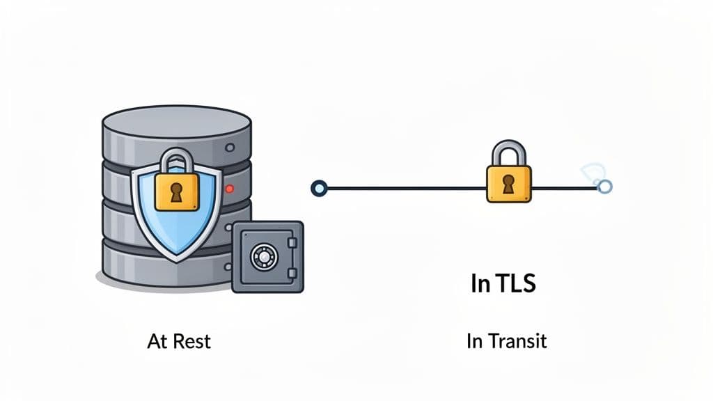 Illustration showing data security: data at rest with database and safe, and data in transit via TLS with a padlock.