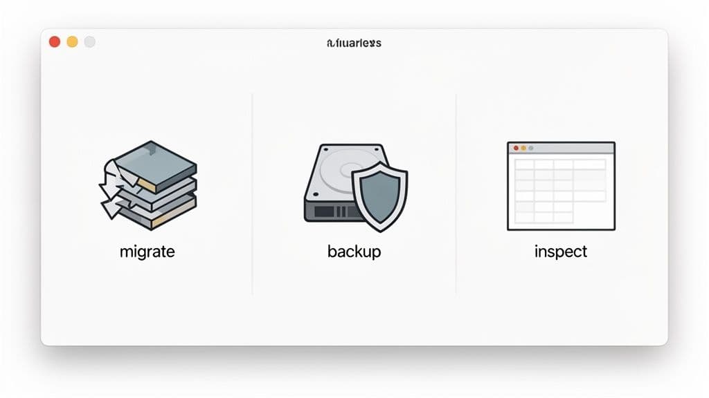 A macOS-style window with three icons for migrate, backup, and inspect data management functions.