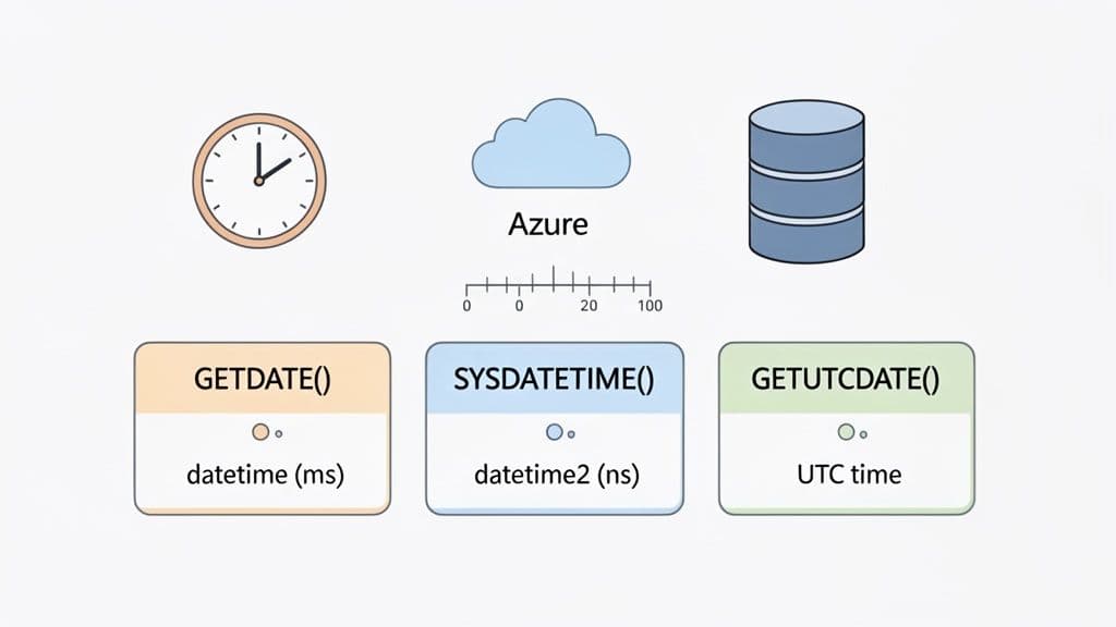 Diagram comparing SQL Server date/time functions GETDATE(), SYSDATETIME(), and GETUTCDATE() with their precision details.