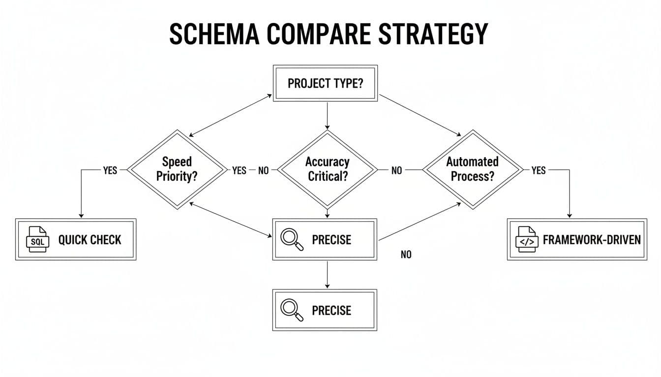 A flowchart detailing a schema comparison strategy based on project type, speed, accuracy, and automation.