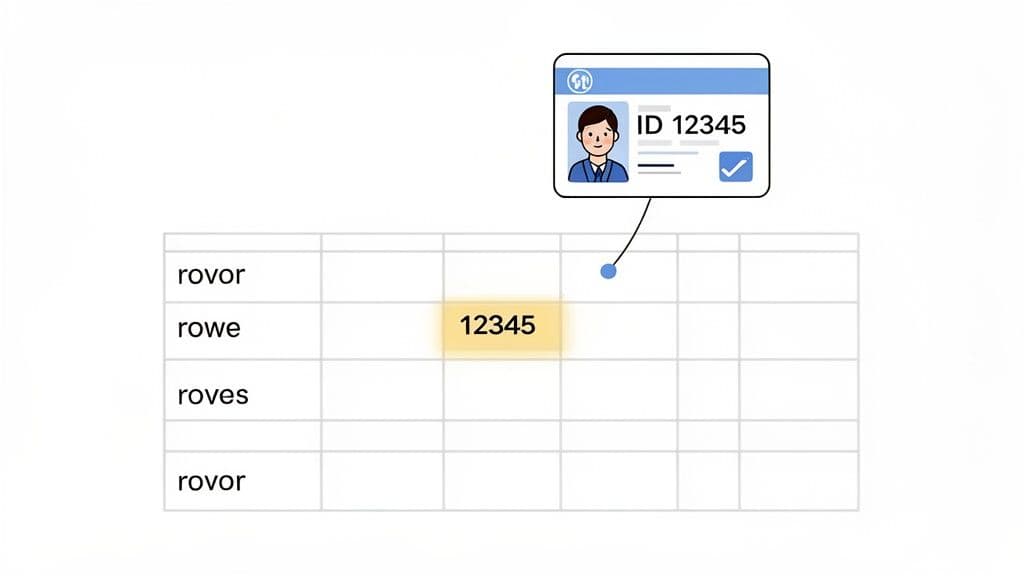An ID card showing 'ID 12345' is linked by a line to a highlighted '12345' cell in a data table.