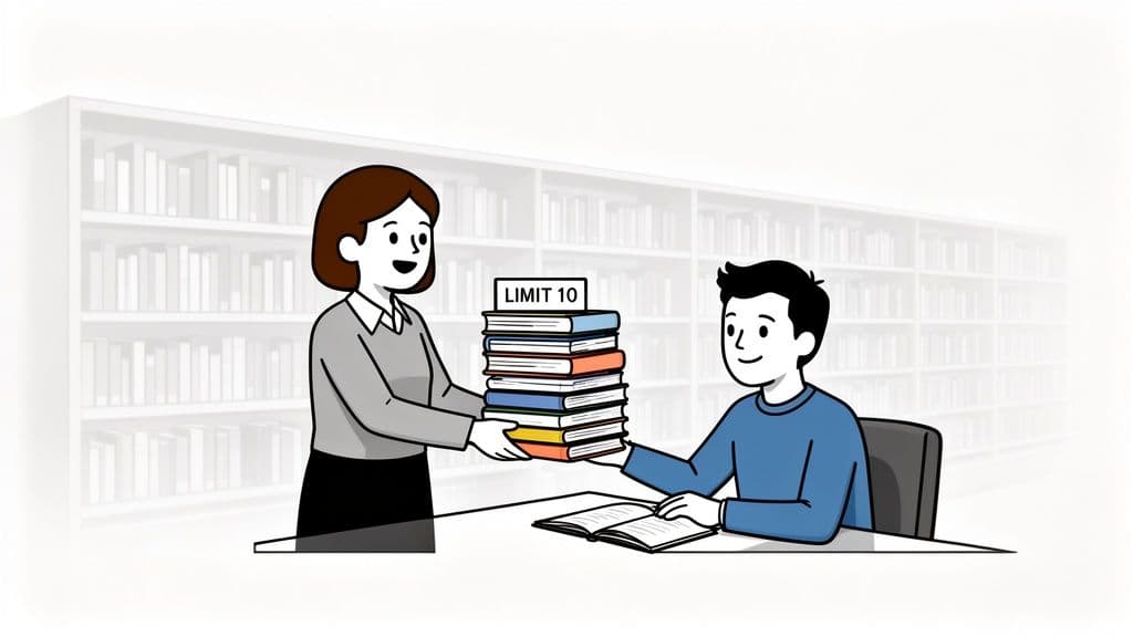 A librarian hands a stack of ten books to a student, with a 'LIMIT 10' sign on them, in a library.