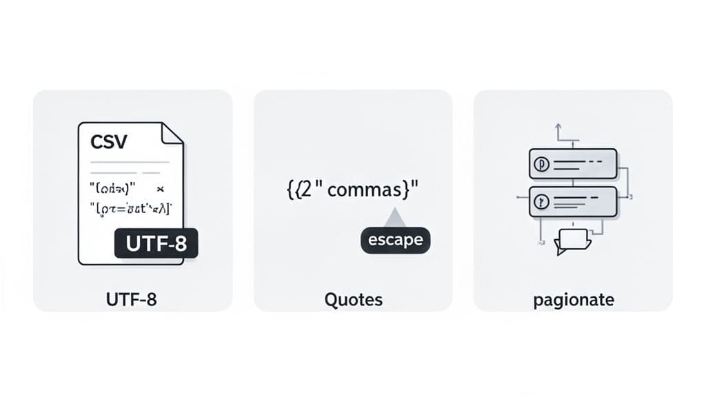 An image showing three cards representing data handling: CSV file with UTF-8, quotes with escaping, and pagination flow.