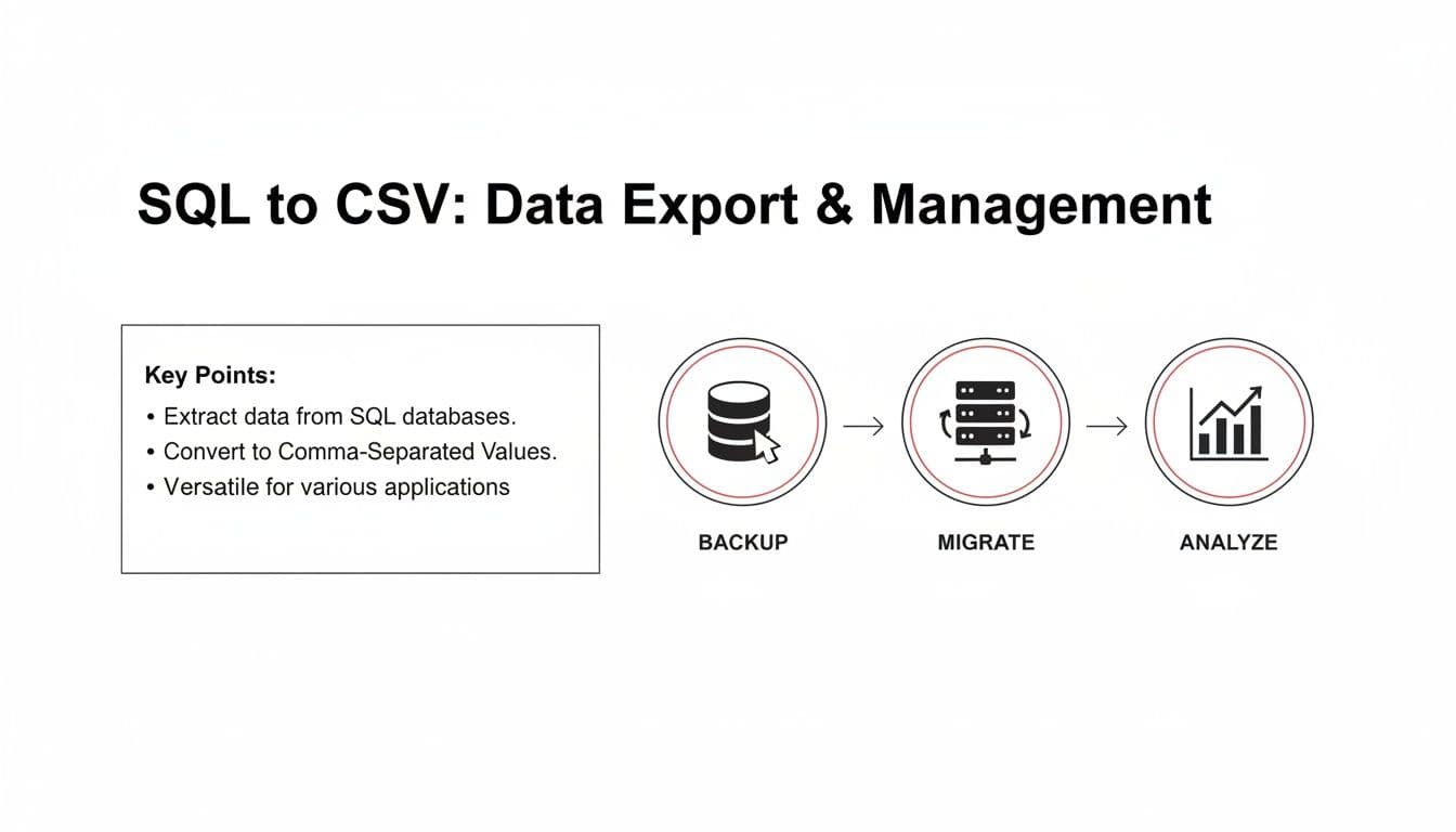 Diagram illustrating SQL to CSV data export, with key points and process steps: backup, migrate, and analyze.