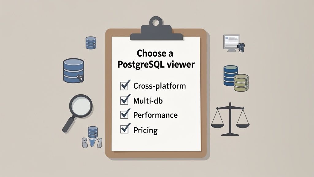 A checklist for choosing a PostgreSQL viewer, emphasizing cross-platform, multi-db, performance, and pricing.