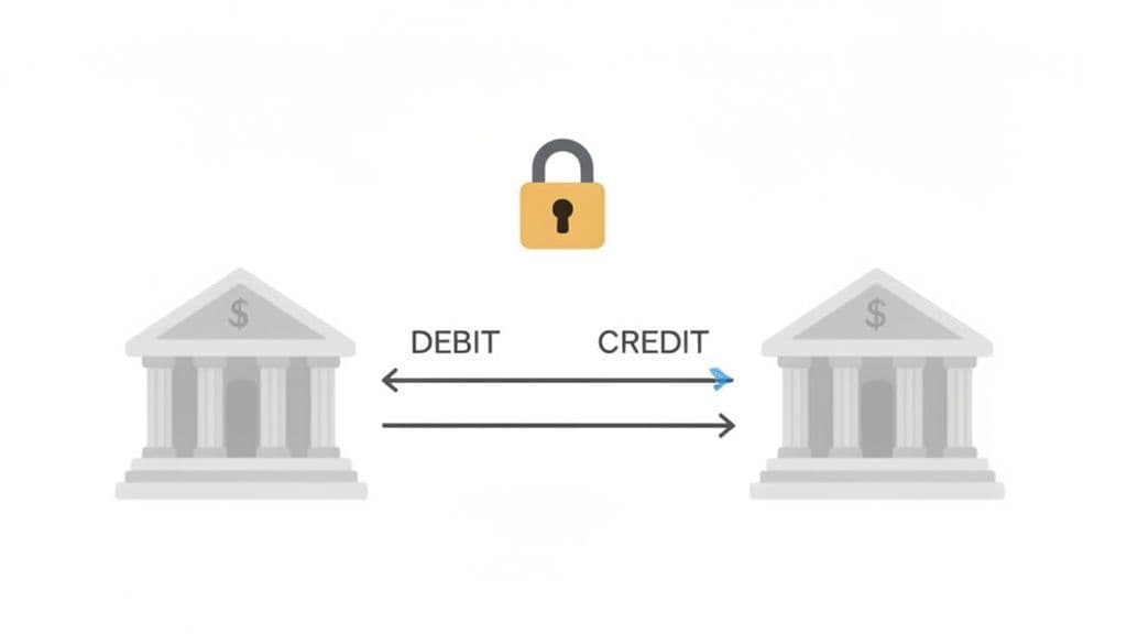 Two bank buildings illustrating DEBIT and CREDIT financial transactions with arrows, secured by a padlock.