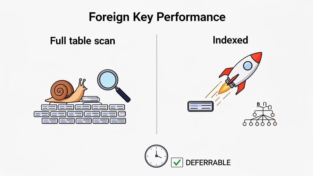 Visualizing foreign key performance: a slow full table scan snail contrasts with a fast indexed rocket and B-tree.