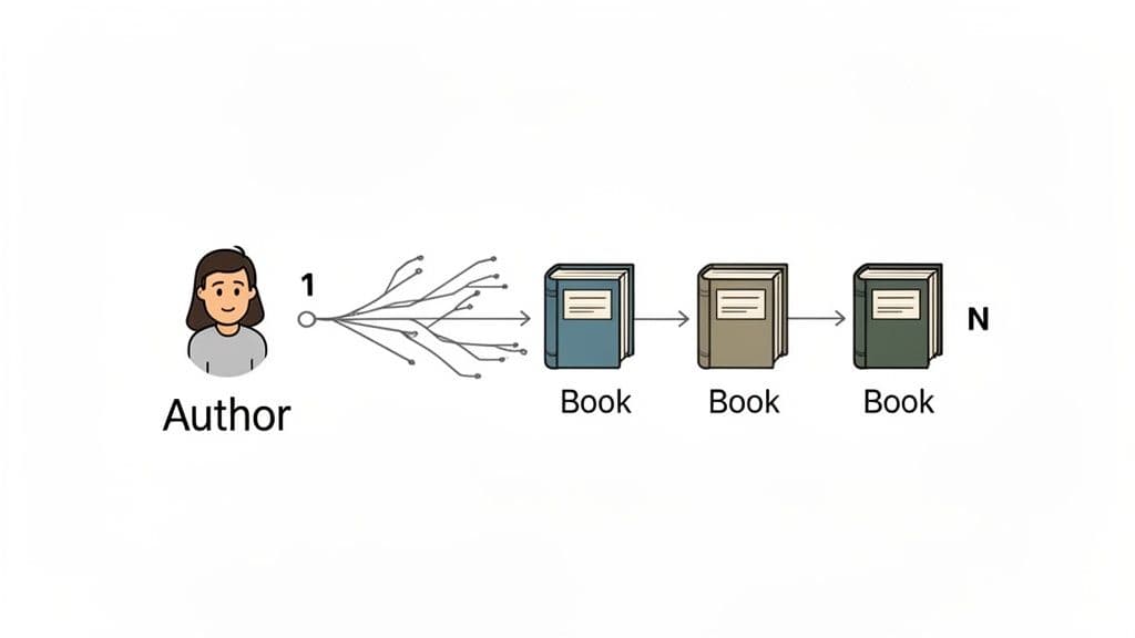 Illustration of a single author (1) generating multiple books (N), depicting a one-to-many relationship.