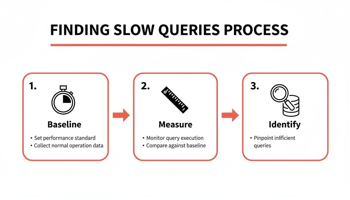 A 3-step diagram outlining the process of finding slow queries: Baseline, Measure, and Identify.