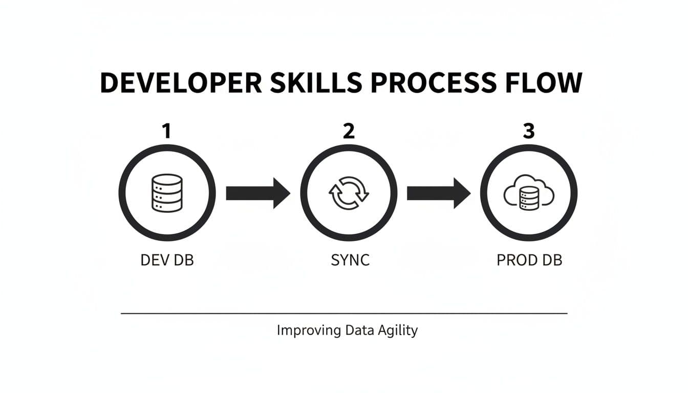 A developer skills process flow diagram showing data synchronization from a development database to a production database, improving data agility.