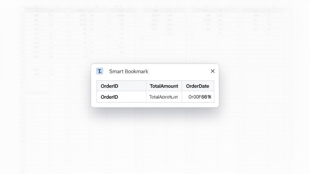 A 'Smart Bookmark' dialog box displaying a table with order ID, total amount, and order date, overlaid on a spreadsheet background.