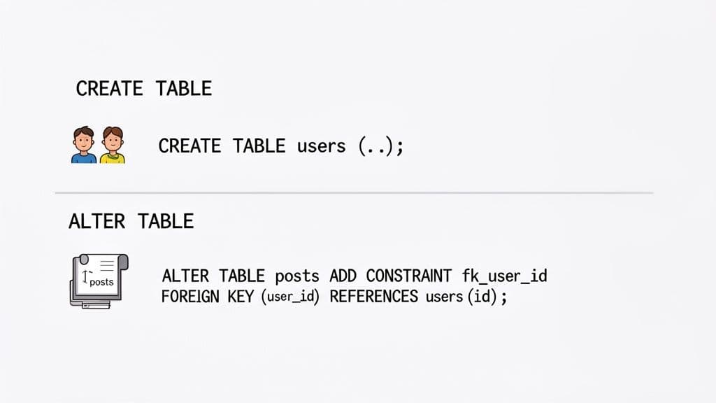 SQL commands demonstrating CREATE TABLE for users and ALTER TABLE to add a foreign key to posts.