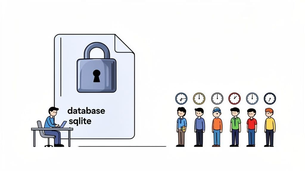 A developer works on a laptop next to a locked SQLite database file, while multiple users wait with clocks above their heads.